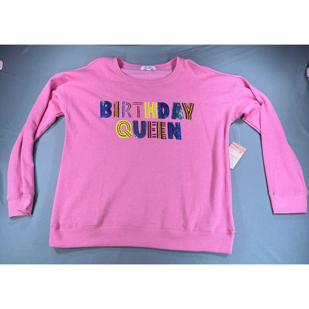 NWT Anneliese Birthday Queen Pink Sequin Graphic Sweatshirt Womens Large NEW